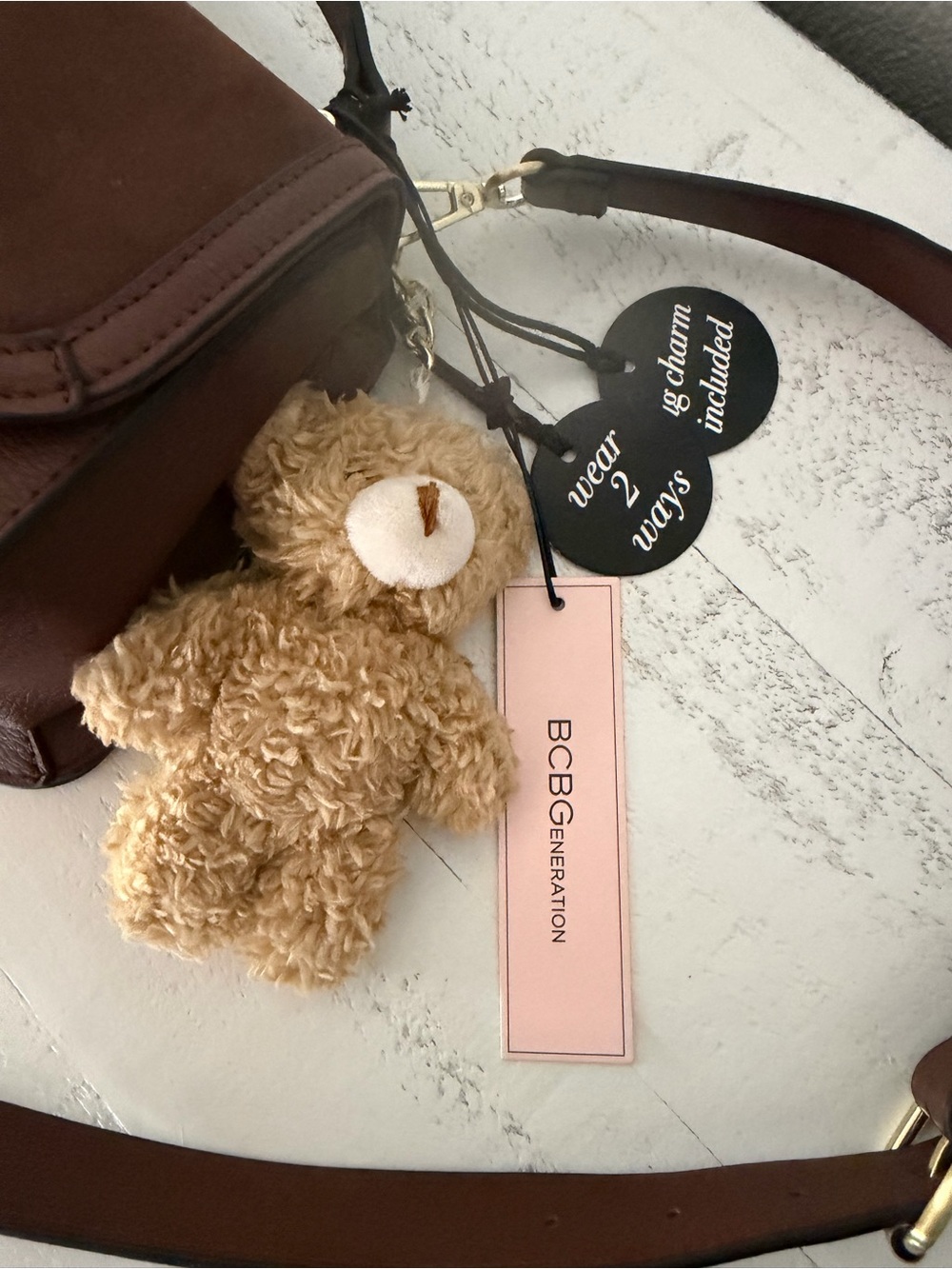 BCBGeneration Chocolate Brown Teddy Bear Charm Top Handle Crossbody Bag - Picture 13 of 14